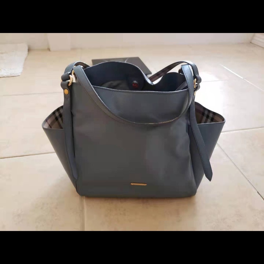 BURBERRY
Calfskin Haymarket Check Canterbury Tote Slate Blue, Medium